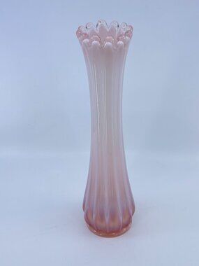 vintage fostoria pink opalescent swung glass vase with ribbed details